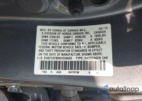 2019 Honda Civic Sport из США, поврежденный, VIN 2HGFC2F83KH554630